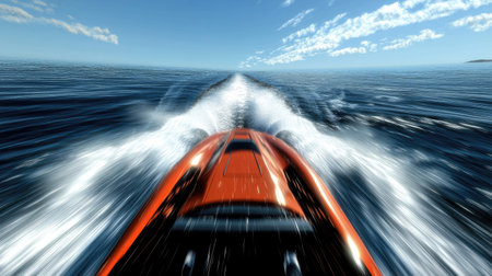 A rear view of a speedboat at full throttle, its wake forming intricate patterns on the ocean's surface.の素材