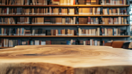 A rustic wooden table with visible wood grain, in front of a modern library featuring high-tech design and bookshelves.の素材