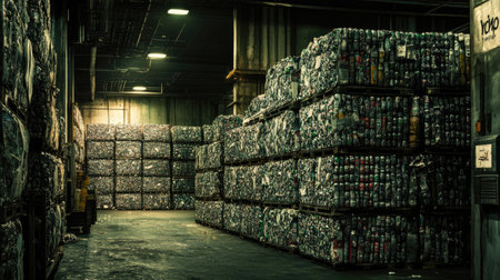 A recycling plant with stacks of compressed aluminum cans, ready for repurposing.の素材