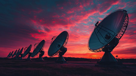 A row of satellite dishes at dusk, glowing under the soft hues of a breathtaking sunset.の素材