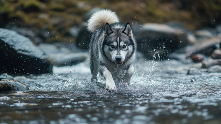 A Siberian Husky wading through a shallow mountain stream, water droplets sparkling as they splash around.の素材