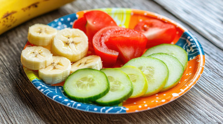 A plastic plate with a fun design, filled with slices of apple, banana, and cucumber, creating a colorful and appetizing meal for kidsの素材