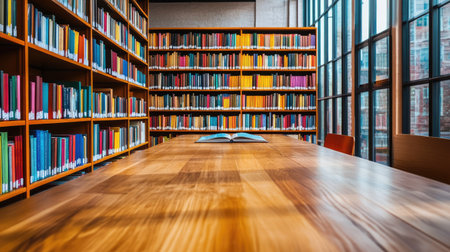 A polished wooden table in a quiet modern library, surrounded by high bookshelves filled with colorful books.の素材
