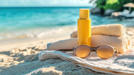 A set of sun protection essentials like sunscreen, sunglasses, and a towel on the beach, with a peaceful sea view in the backgroundの素材