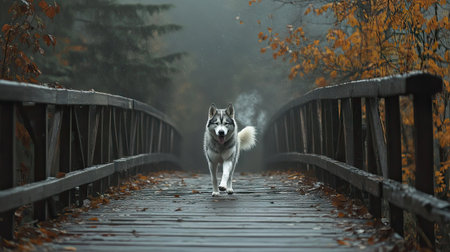 A Siberian Husky trotting across a wooden bridge in a foggy forest, its breath visible in the crisp air.の素材