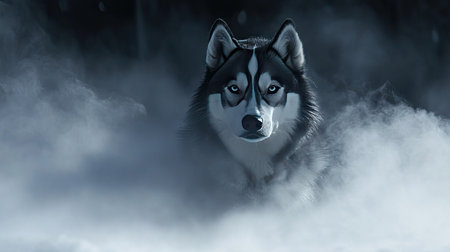 A Siberian Husky emerging from a dense fog, its piercing eyes and strong silhouette adding a sense of mystery.の素材