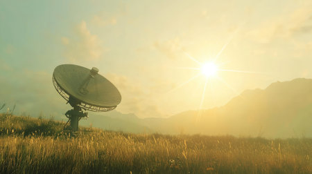 A satellite dish in an open field, the bright sun positioned directly above, casting a powerful glow.の素材