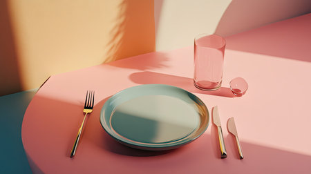 A serene table setting with a ceramic plate, fork, and knife placed separately, on a pastel-colored backgroundの素材