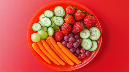 A playful children's plastic plate filled with sliced strawberries, grapes, cucumber, and carrots, perfect for a nutritious snackの素材