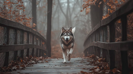 A Siberian Husky trotting across a wooden bridge in a foggy forest, its breath visible in the crisp air.の素材