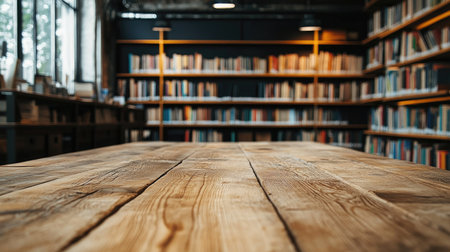 A rustic wooden table with visible wood grain, in front of a modern library featuring high-tech design and bookshelves.の素材