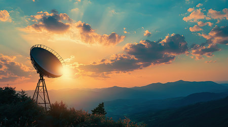 A satellite dish receiving signals as the sun sets behind distant mountains, filling the sky with warm tones.の素材