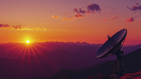 A satellite dish receiving signals as the sun sets behind distant mountains, filling the sky with warm tones.の素材