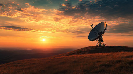 A satellite dish on a remote hilltop, illuminated by the golden glow of the setting sun, with a vast sky behind it.の素材