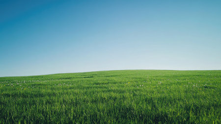 A serene landscape of expansive green grass with a few wildflowers growing, set against a clear, cloudless skyの素材