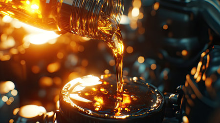 A shot of fresh engine oil being poured from a bottle into an engine during an oil change, with light highlighting the shiny surface of the oilの素材