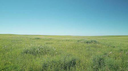 A serene landscape of expansive green grass with a few wildflowers growing, set against a clear, cloudless skyの素材