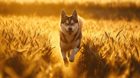 A Siberian Husky running through a golden wheat field, its fur shining under the warm evening light.の素材