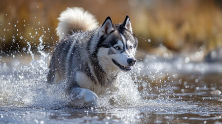 A Siberian Husky wading through a shallow mountain stream, water droplets sparkling as they splash around.の素材