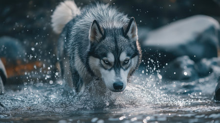 A Siberian Husky wading through a shallow mountain stream, water droplets sparkling as they splash around.の素材