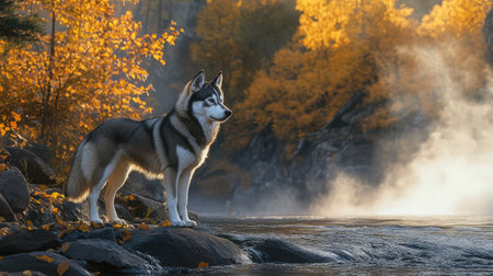 A Siberian Husky standing on a rocky riverbank, surrounded by autumn foliage and mist rising from the water.の素材
