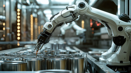 A robotic filling machine dispensing liquid into metal cans in an automated food processing plant.の素材