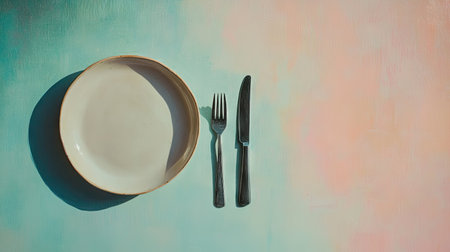 A serene table setting with a ceramic plate, fork, and knife placed separately, on a pastel-colored backgroundの素材