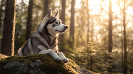A Siberian Husky resting on a moss-covered rock, surrounded by towering pine trees and dappled sunlight.の素材