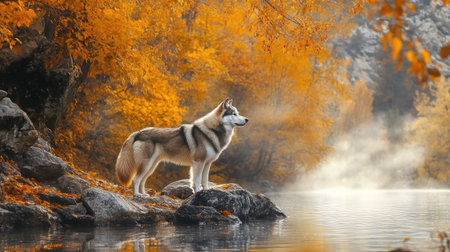 A Siberian Husky standing on a rocky riverbank, surrounded by autumn foliage and mist rising from the water.の素材