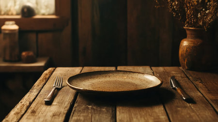 A rustic table scene with a ceramic plate, fork, and knife placed apart, on a natural wood surface with a cozy ambianceの素材