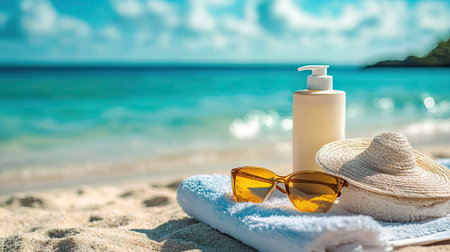 A set of sun protection essentials like sunscreen, sunglasses, and a towel on the beach, with a peaceful sea view in the backgroundの素材