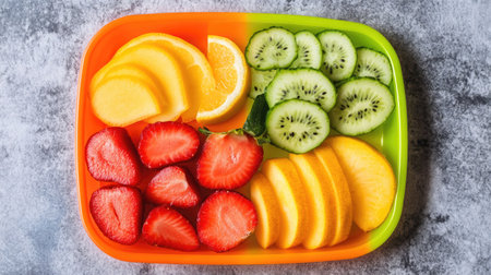 A plastic plate in bright colors, filled with fresh fruit and vegetable slices, arranged to make eating healthy fun for kidsの素材