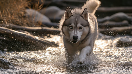 A Siberian Husky wading through a shallow mountain stream, water droplets sparkling as they splash around.の素材