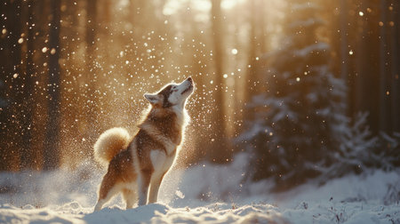 A Siberian Husky shaking off snow in a dense pine forest, tiny ice crystals sparkling in the sunlight.の素材