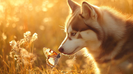 A Siberian Husky playing with a butterfly in a sunlit meadow, its nose curiously sniffing the delicate creature.の素材