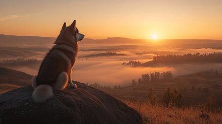 A Siberian Husky sitting atop a boulder, watching the sunrise over a vast, fog-covered valley.の素材