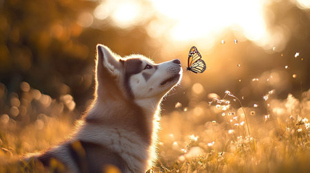 A Siberian Husky playing with a butterfly in a sunlit meadow, its nose curiously sniffing the delicate creature.の素材