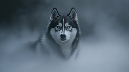 A Siberian Husky emerging from a dense fog, its piercing eyes and strong silhouette adding a sense of mystery.の素材