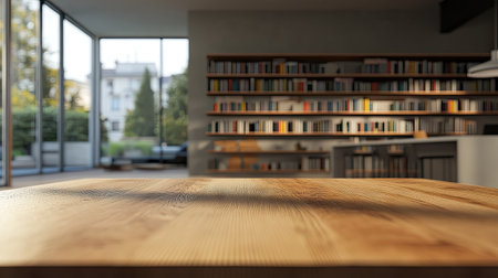 A simple wooden table in focus, with a blurred modern library featuring open-concept design and stylish bookshelves.の素材