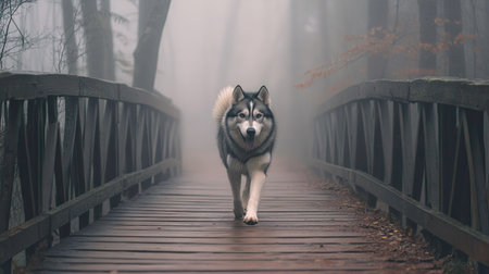 A Siberian Husky trotting across a wooden bridge in a foggy forest, its breath visible in the crisp air.の素材