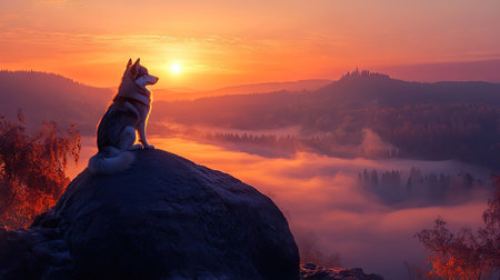 A Siberian Husky sitting atop a boulder, watching the sunrise over a vast, fog-covered valley.の素材