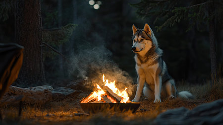 A Siberian Husky sitting by a campfire in the wilderness, its eyes reflecting the warm glow of the flames.の素材