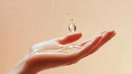 A drop of clear serum gently landing on the back of a hand, with a shiny, glistening effect on the skin.の素材