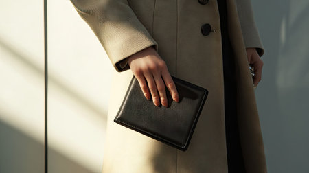 A fashion-forward woman's hand with a sleek wallet in hand, captured on a plain white surface.の素材