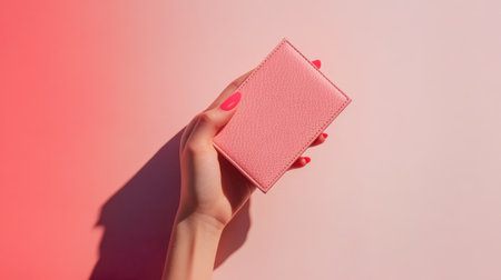 A fashionable female hand with bright nails holding a sleek wallet, isolated on a soft, light background.の素材
