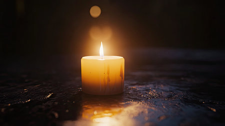 A simple candle burning brightly in the dark, with the flame providing a soft, inviting light on a black background.の素材