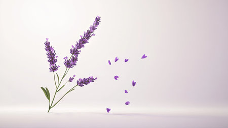 A single lavender sprig with a few blossoms falling, creating a natural and elegant look on white.の素材