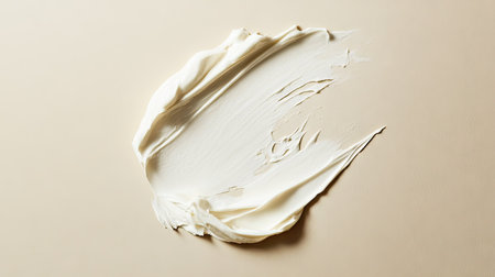 A soft white beauty cream stain on a beige background, captured from above to highlight its luxurious texture.の素材