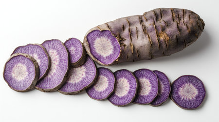 A single whole purple sweet yam with several circular slices arranged around it, isolated on white.の素材