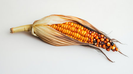 A fresh corn cob with one end bitten off, revealing juicy kernels, isolated on white.の素材